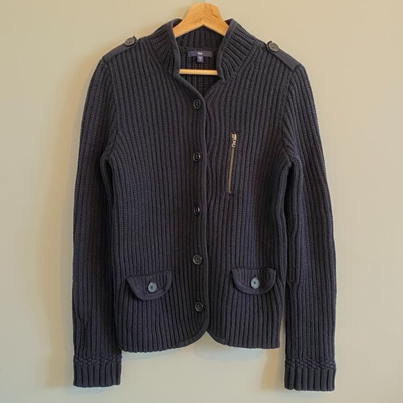 GAP Navy Marine Blue Cotton Chunky Knit Sweater Cardigan Jacket Ribbed Military - Picture 1 of 9